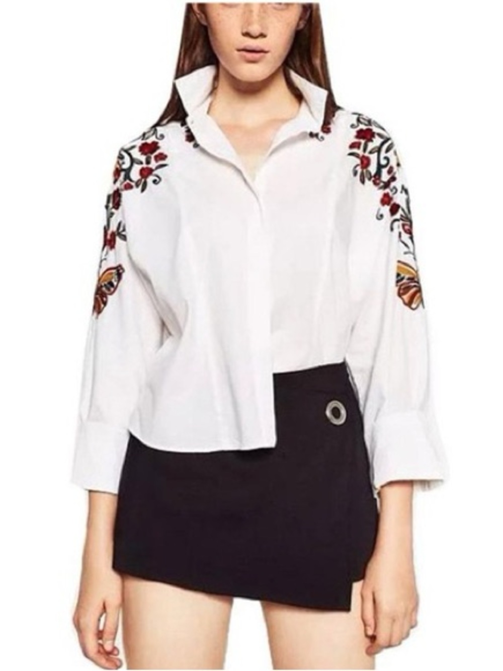 Zara White Embroidered Button Down Blouse Floral Butterfly Oversized Size L